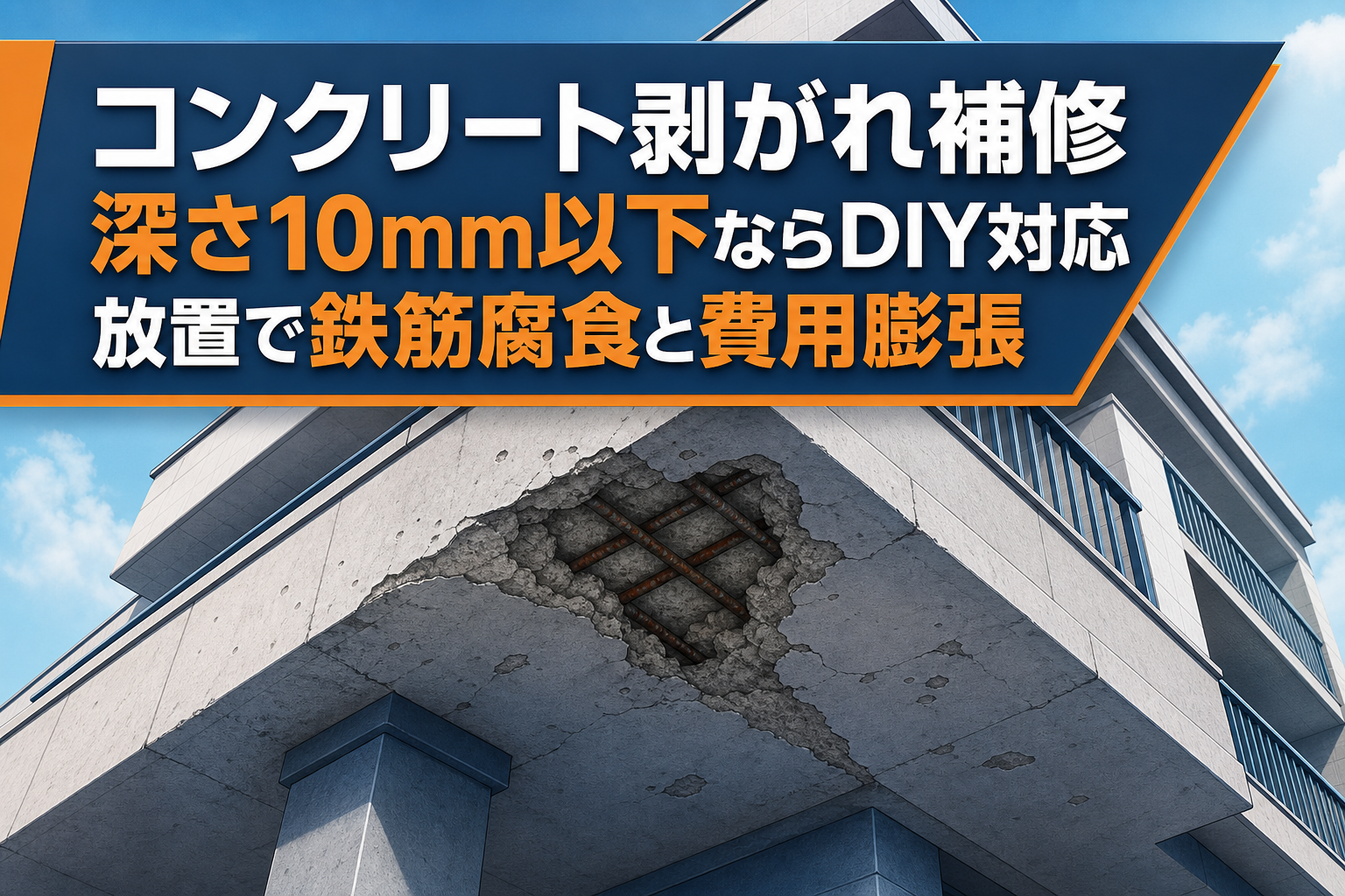 コンクリート剥がれ補修、深さ10mm以下ならDIY対応、放置で鉄筋腐食と費用膨張